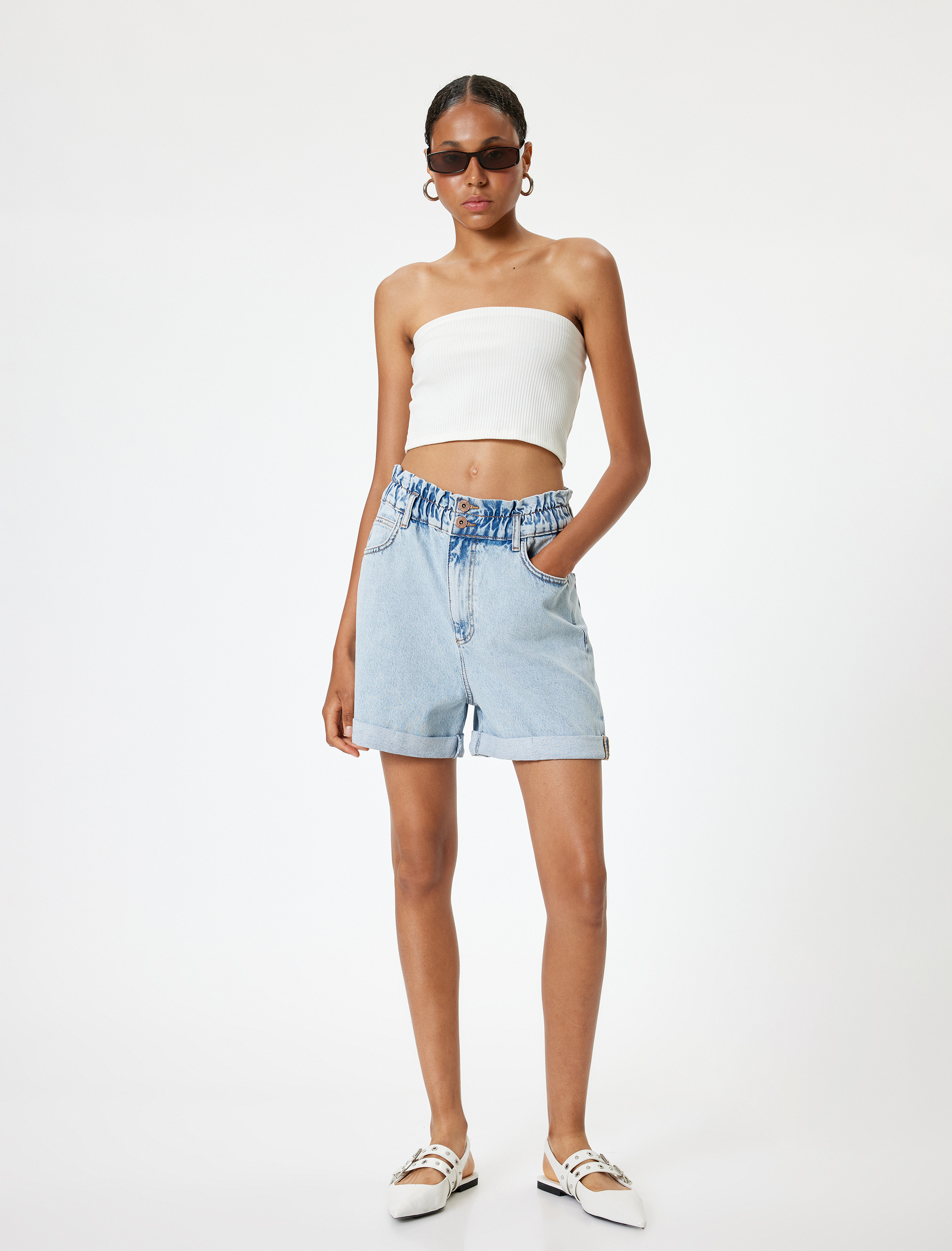   Mini Kot Şort Yüksek Bel Katlı Paça Beli Lastikli Rahat Kesim