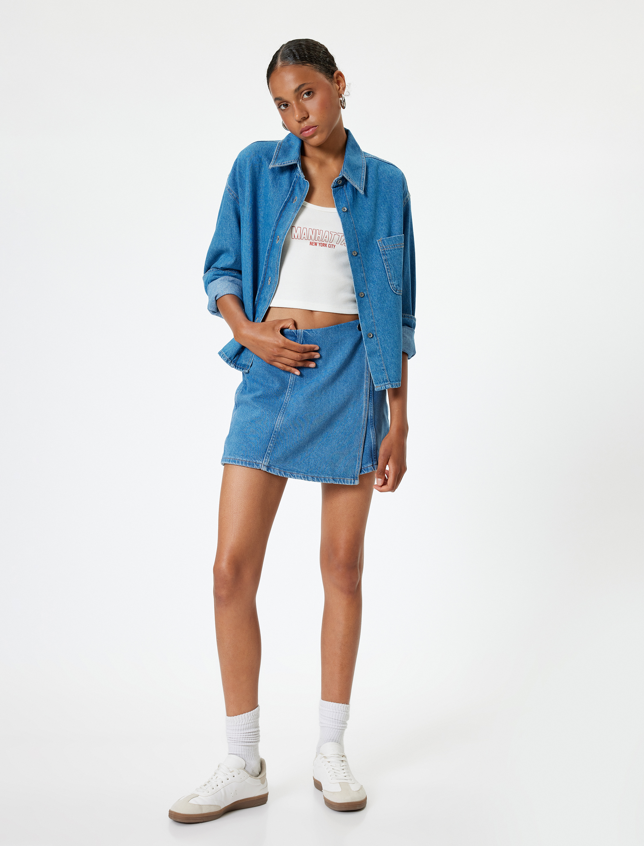   Mini Kot Şort Etek Düğmeli Dikiş Detaylı Rahat Kesim