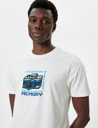 Slim Fit Tişört Slogan Baskılı Kısa Kollu Bisiklet Yaka Pamuklu
