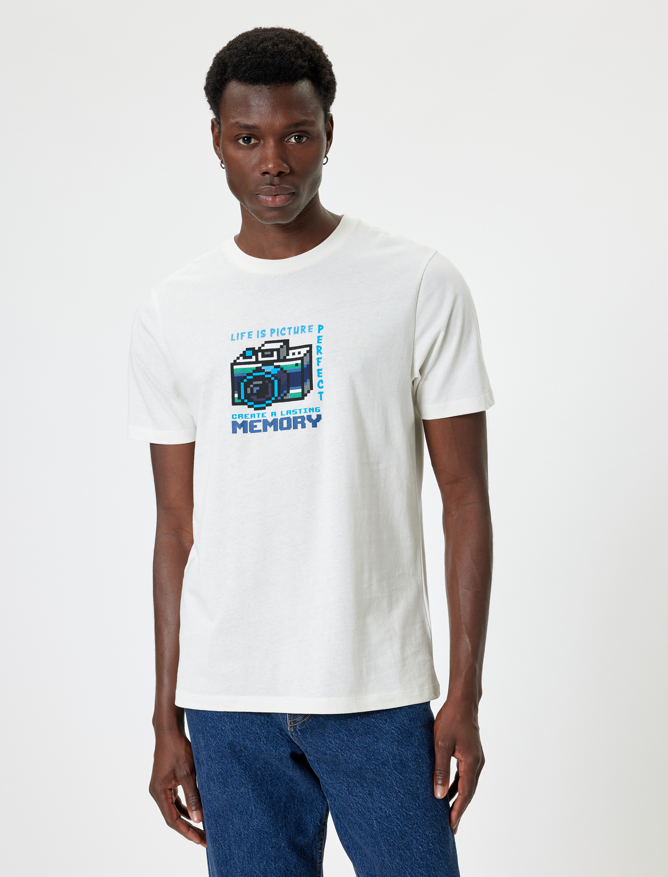   Slim Fit Tişört Slogan Baskılı Kısa Kollu Bisiklet Yaka Pamuklu