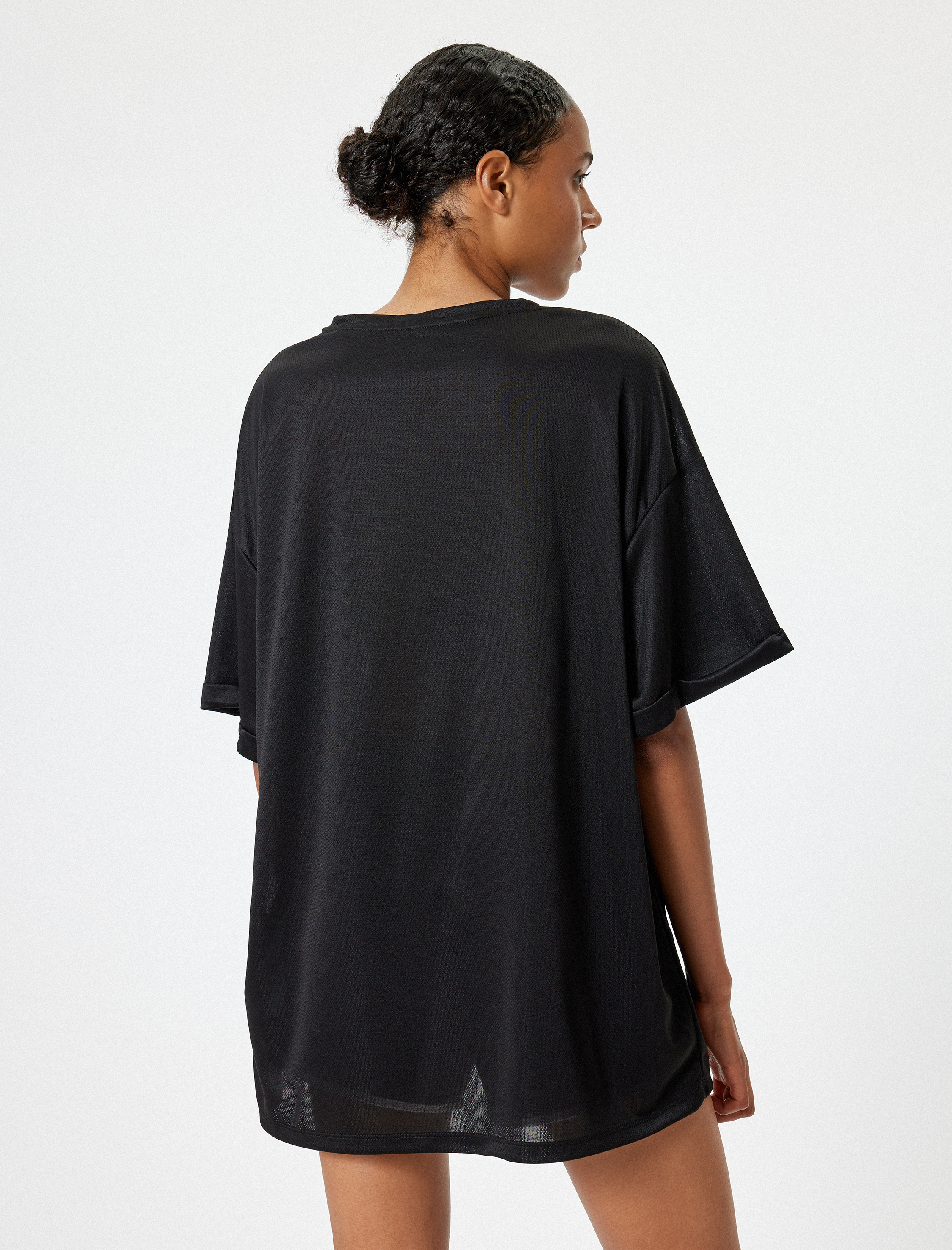   Oversize Spor Tişört Bisiklet Yaka Slogan Baskılı Kısa Kollu İnterlok