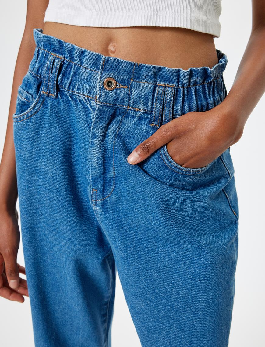   Beli Lastikli Yüksek Bel Düğmeli Mom Jean Pantolon