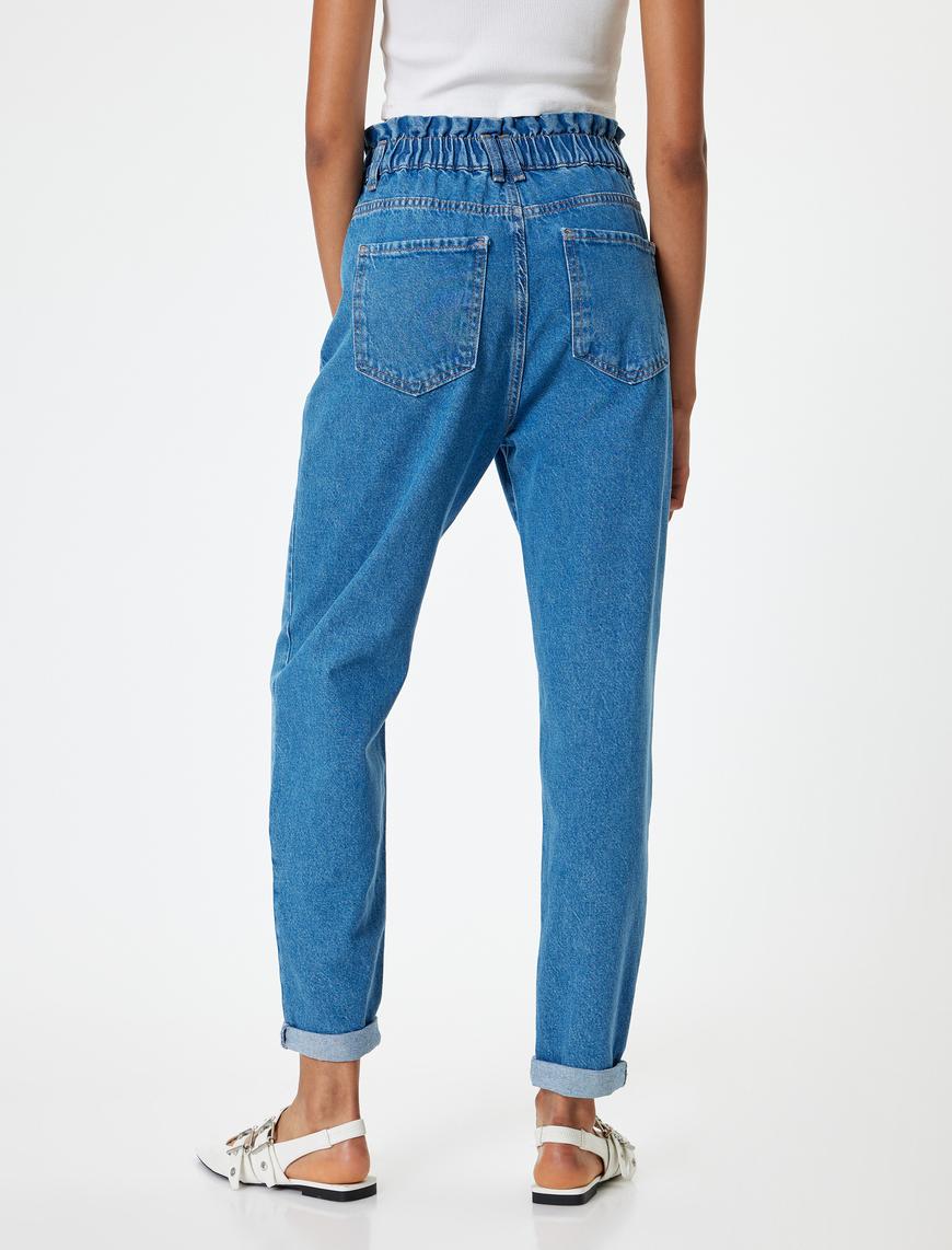   Beli Lastikli Yüksek Bel Düğmeli Mom Jean Pantolon