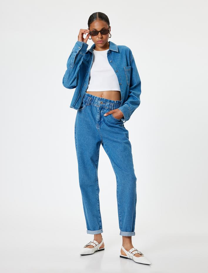  Beli Lastikli Yüksek Bel Düğmeli Mom Jean Pantolon