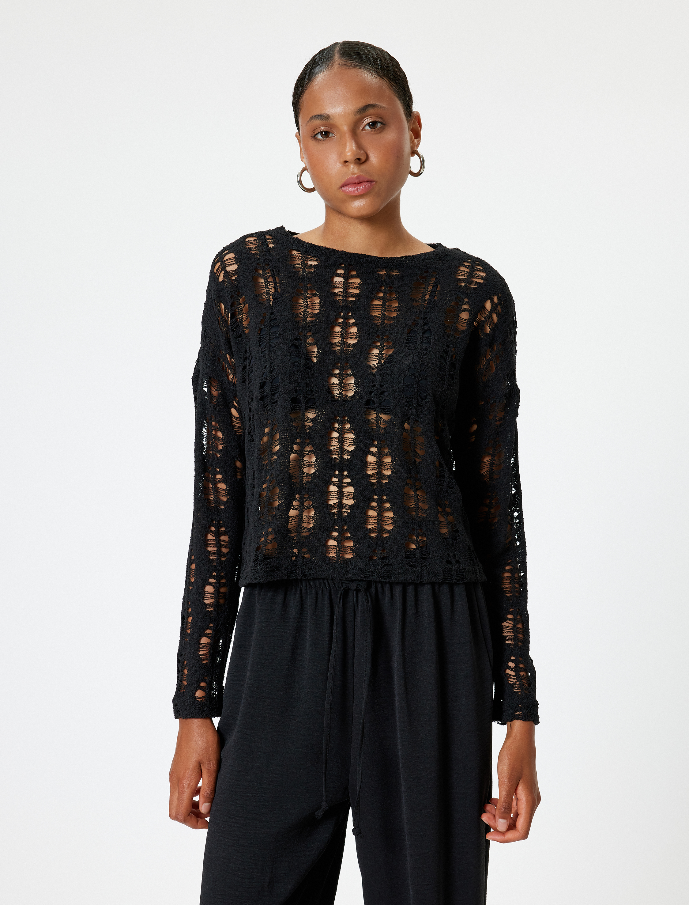   Ajurlu Tişört Uzun Kollu Bisiklet Yaka