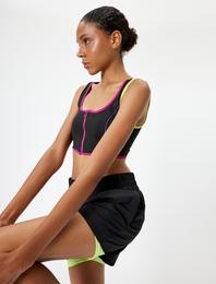 Sporcu Sütyeni Fermuarlı Şerit Detaylı U Yaka Kaplı Slim Fit İnterlok