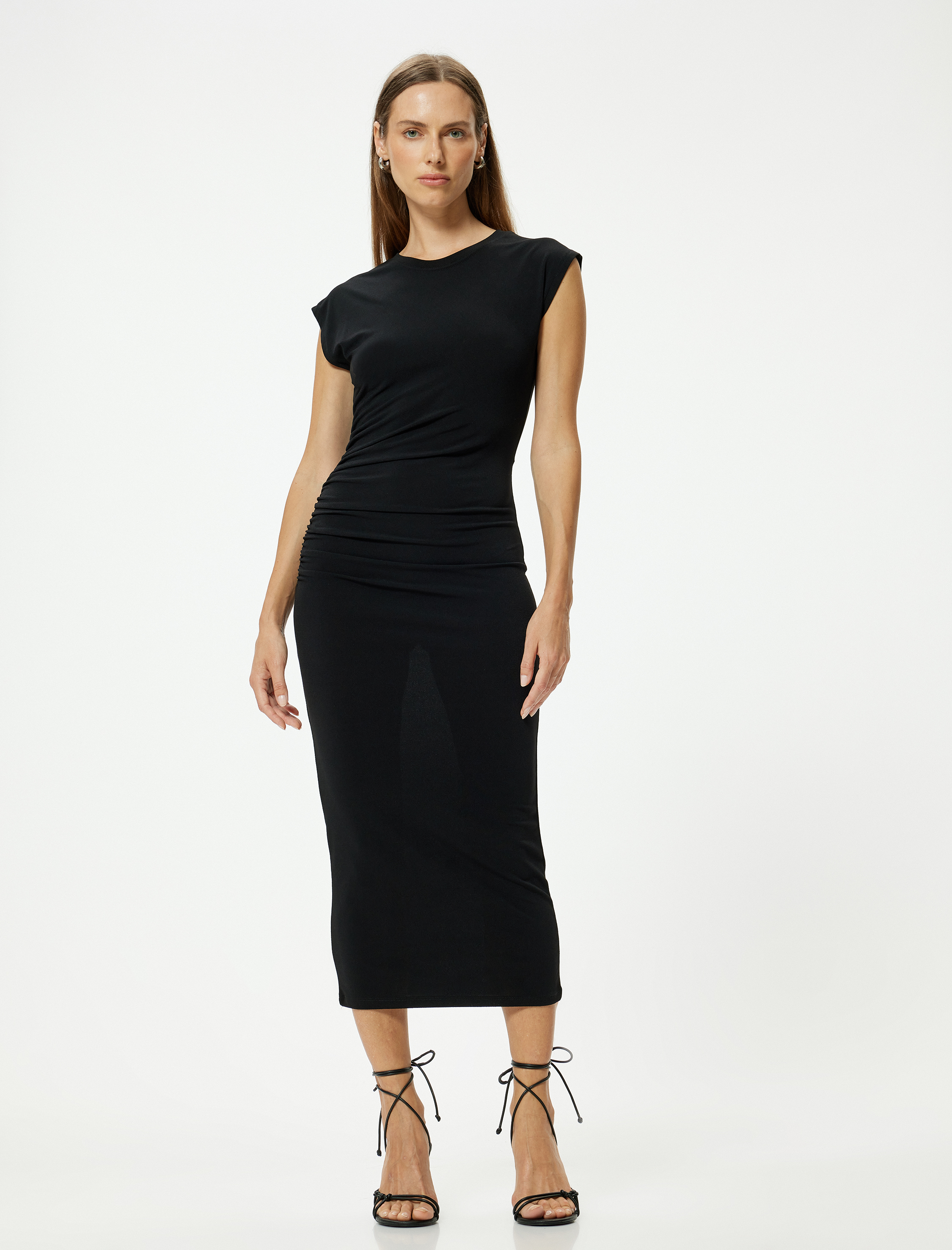   Midi Kalem Elbise Kap Kol Yuvarlak Yaka Drape Detaylı Slim Fit