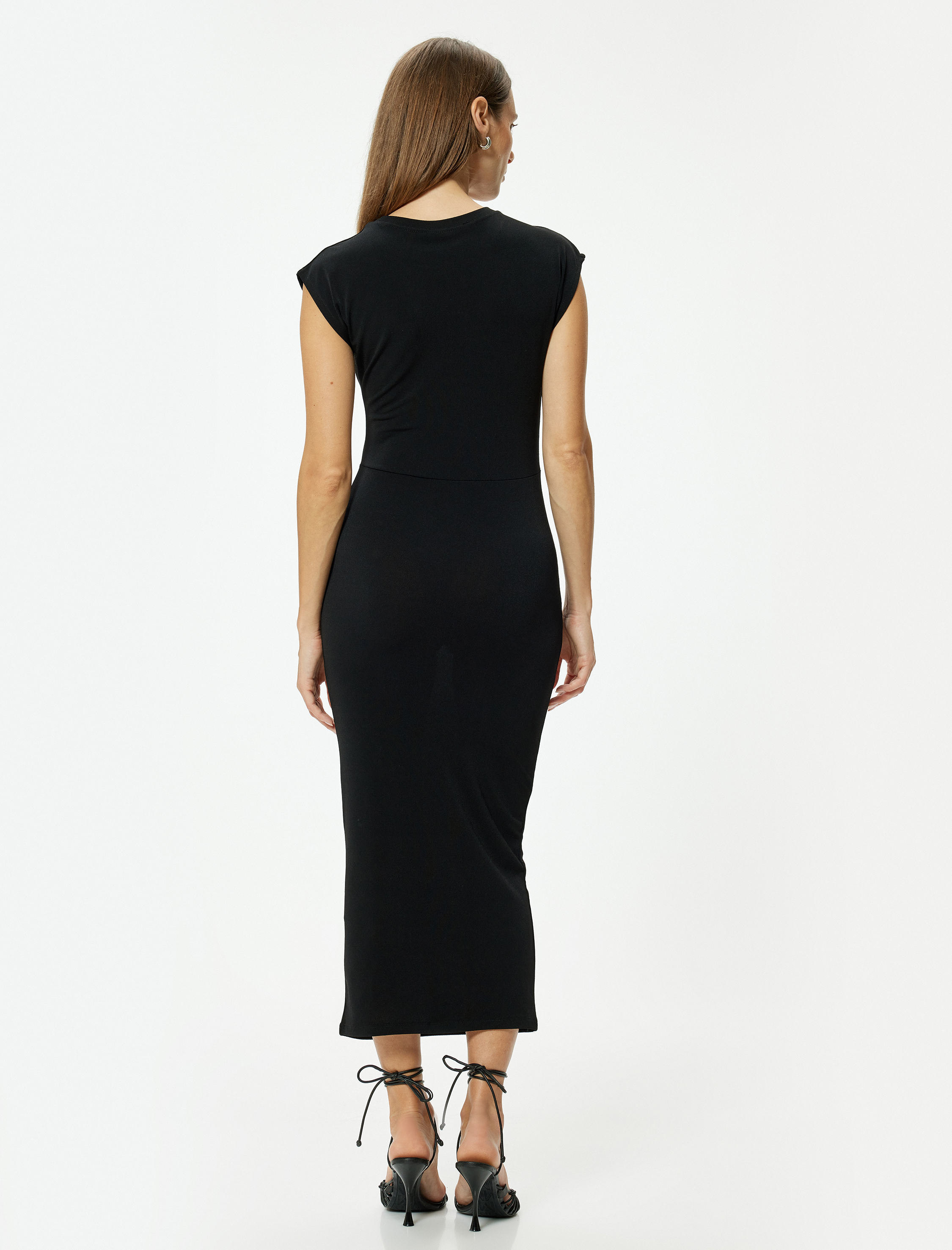   Midi Kalem Elbise Kap Kol Yuvarlak Yaka Drape Detaylı Slim Fit