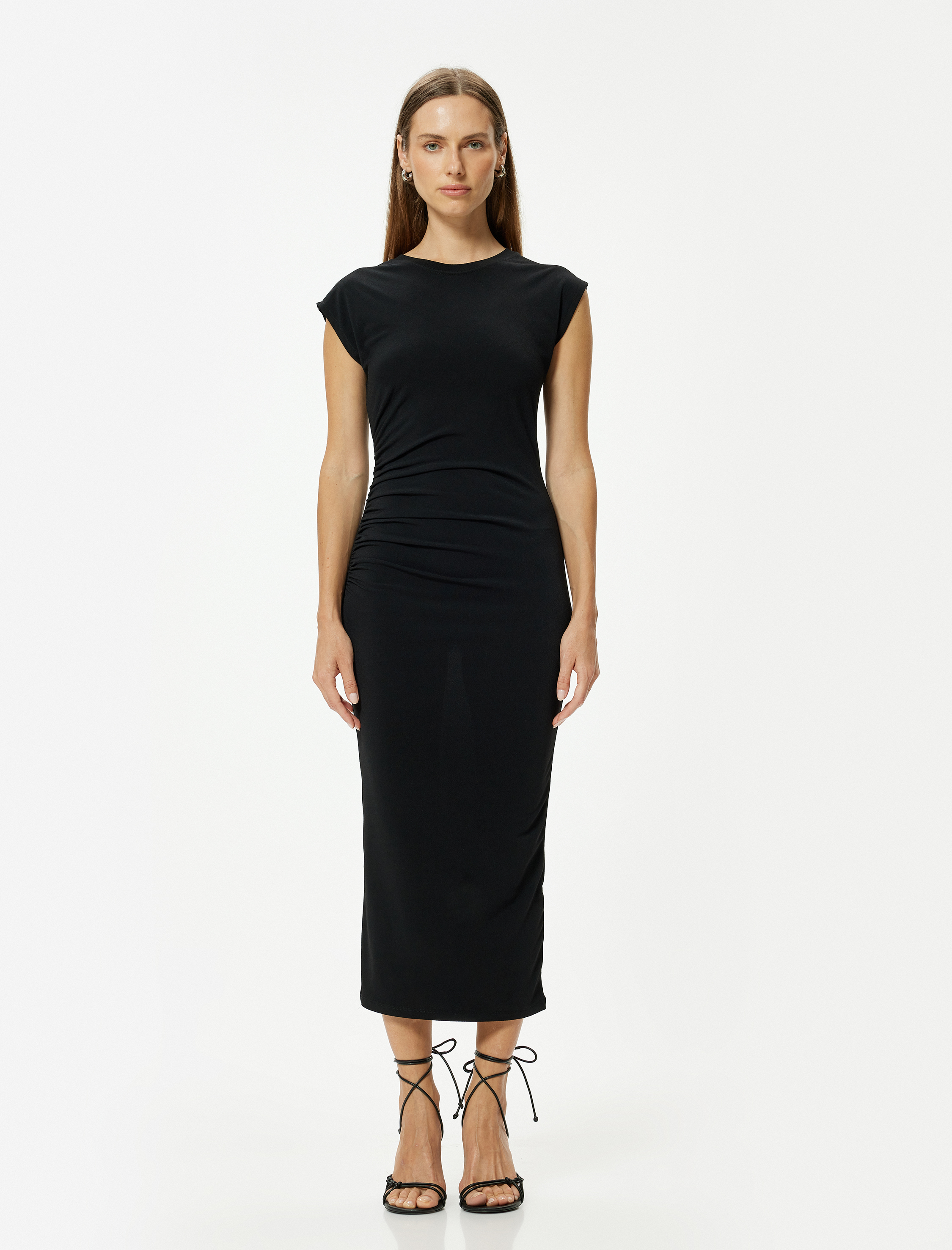   Midi Kalem Elbise Kap Kol Yuvarlak Yaka Drape Detaylı Slim Fit