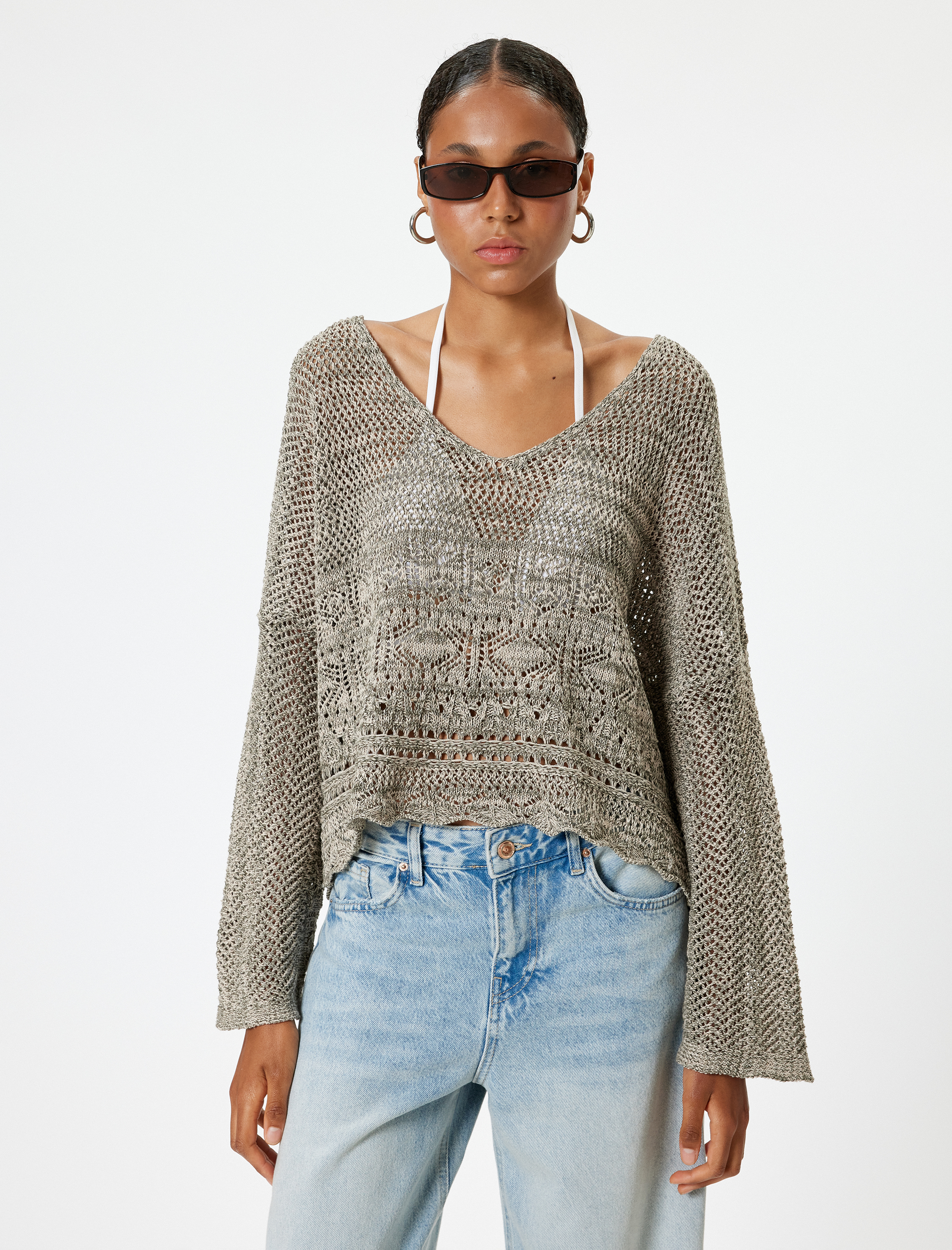   Ajurlu Kazak V Yaka Çan Kol Akrilik Karışımlı