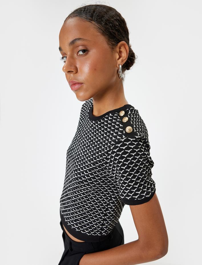  Triko Bluz Kısa Kollu Düğme Detaylı Bisiklet Yaka
