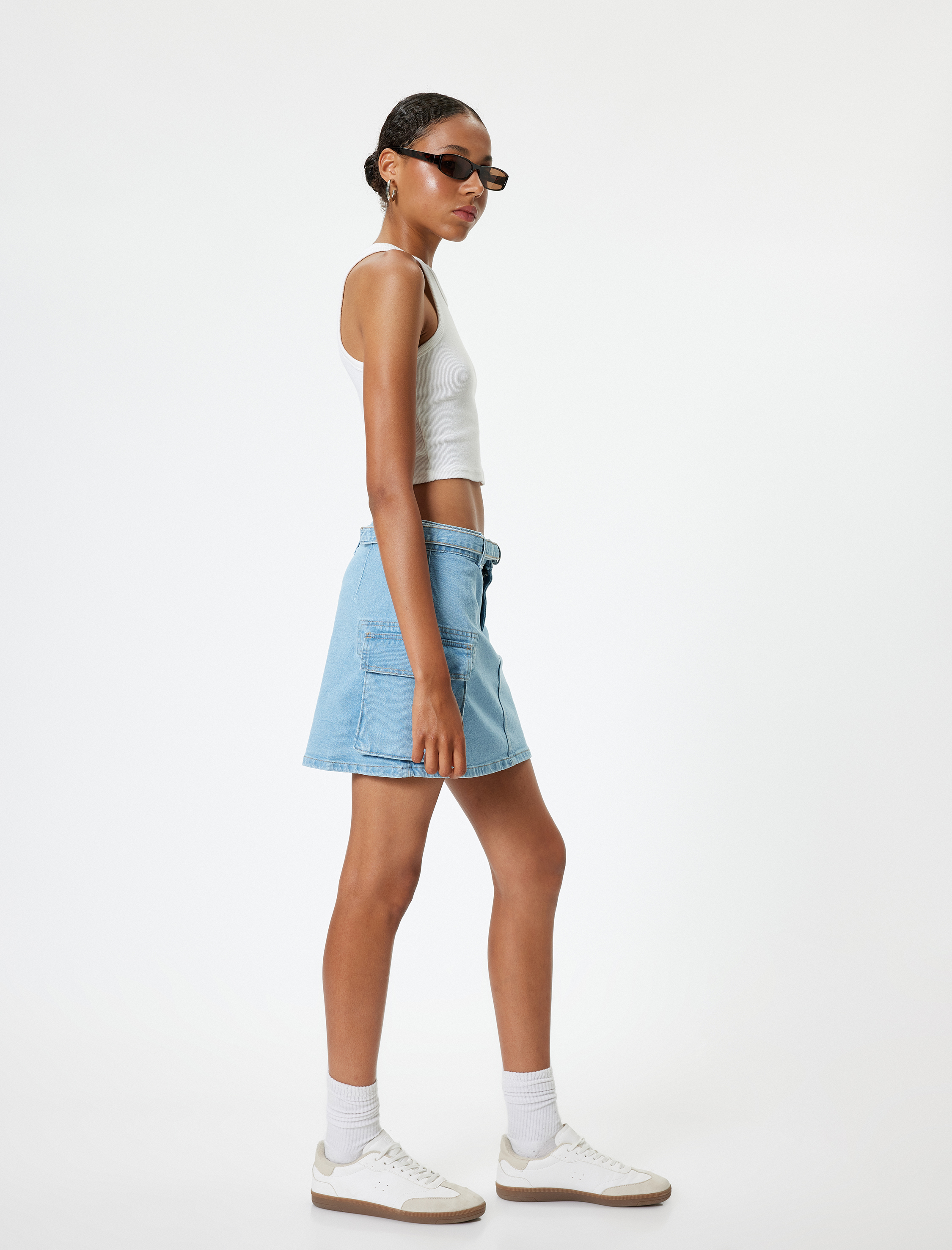   Mini Kot Etek Kargo Cepli Düğmeli Kemer Detaylı Rahat Kesim