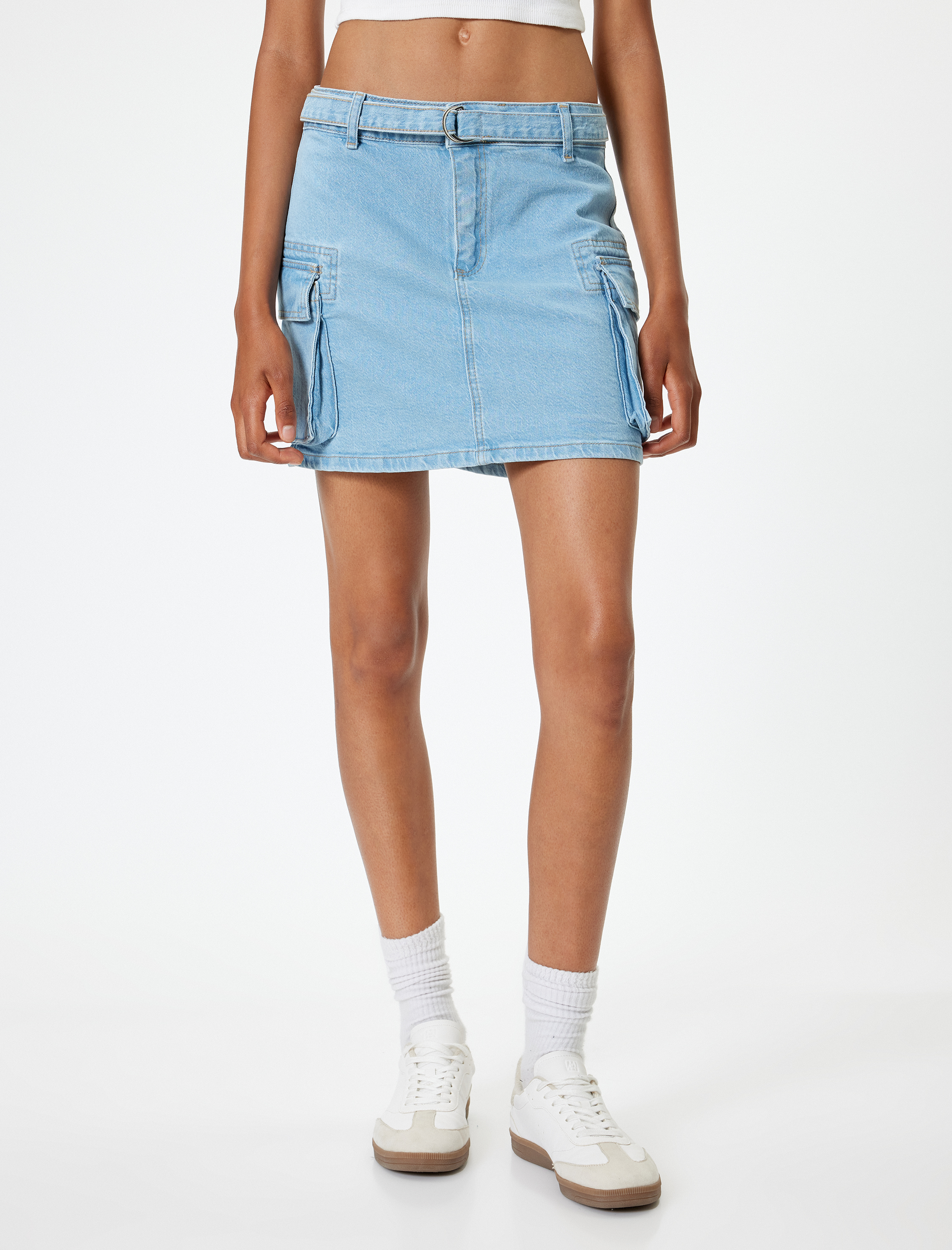   Mini Kot Etek Kargo Cepli Düğmeli Kemer Detaylı Rahat Kesim