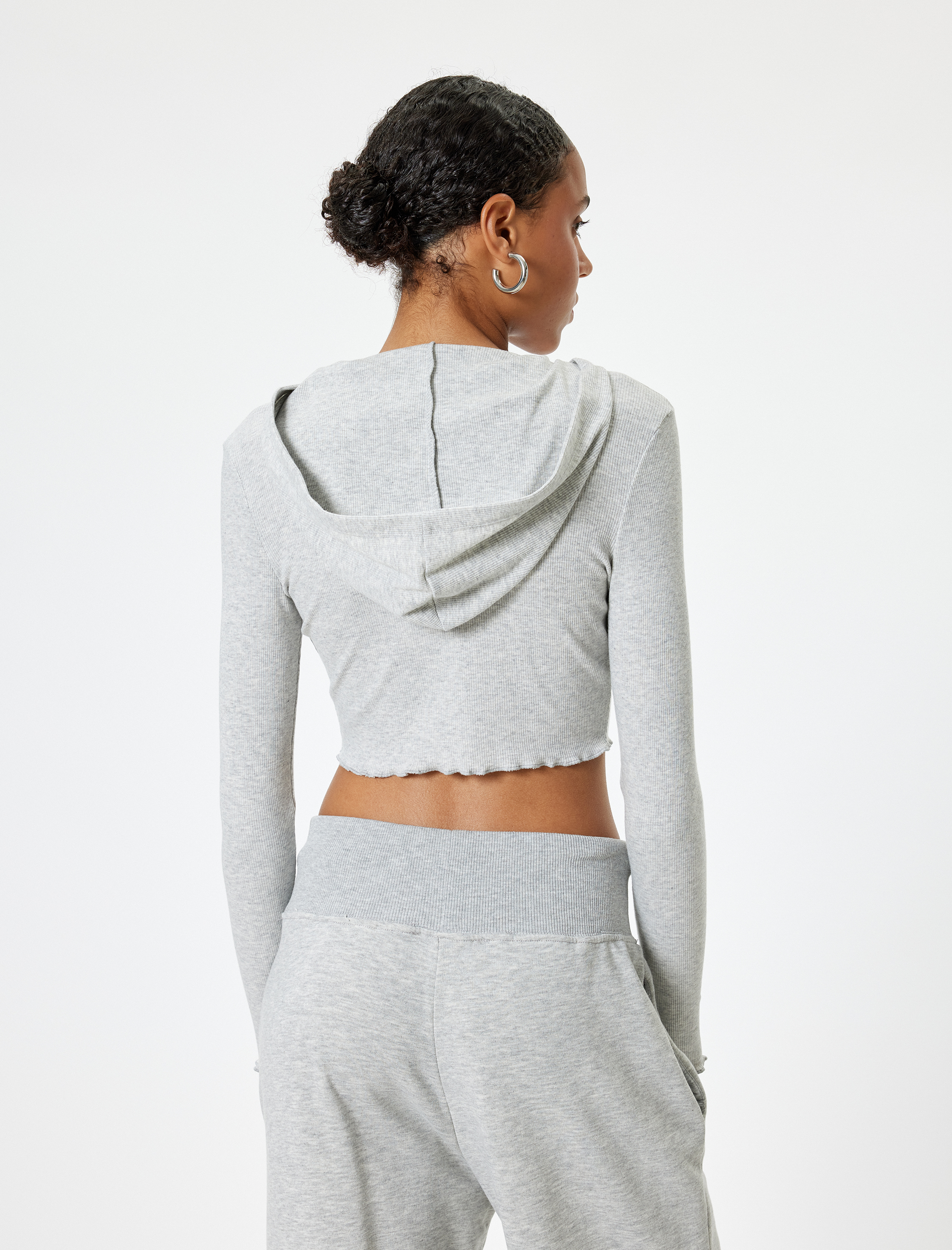   Crop Kapüşonlu Fermuarlı Hırka Uzun Kollu Slim Fit