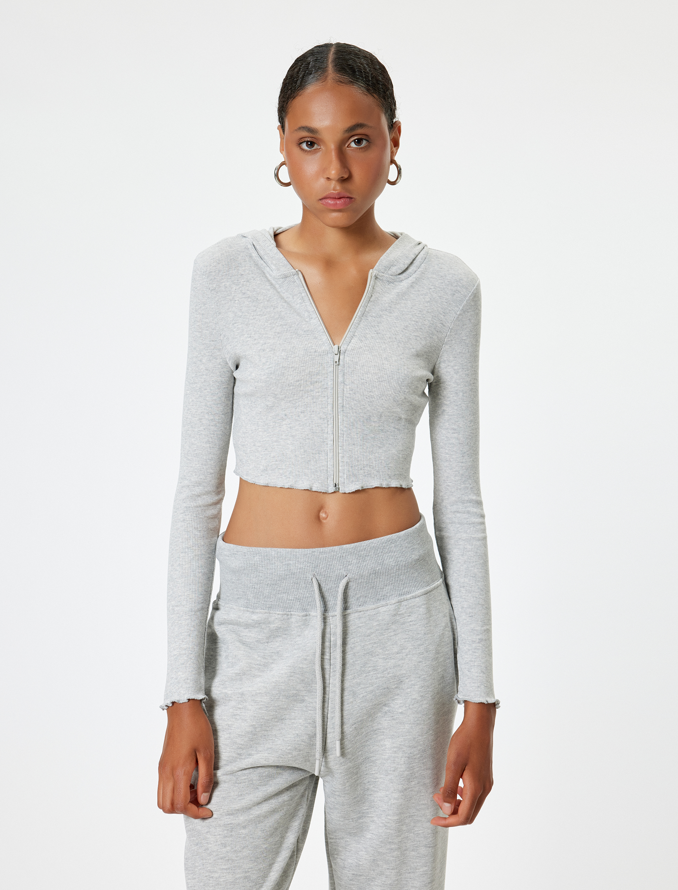   Crop Kapüşonlu Fermuarlı Hırka Uzun Kollu Slim Fit