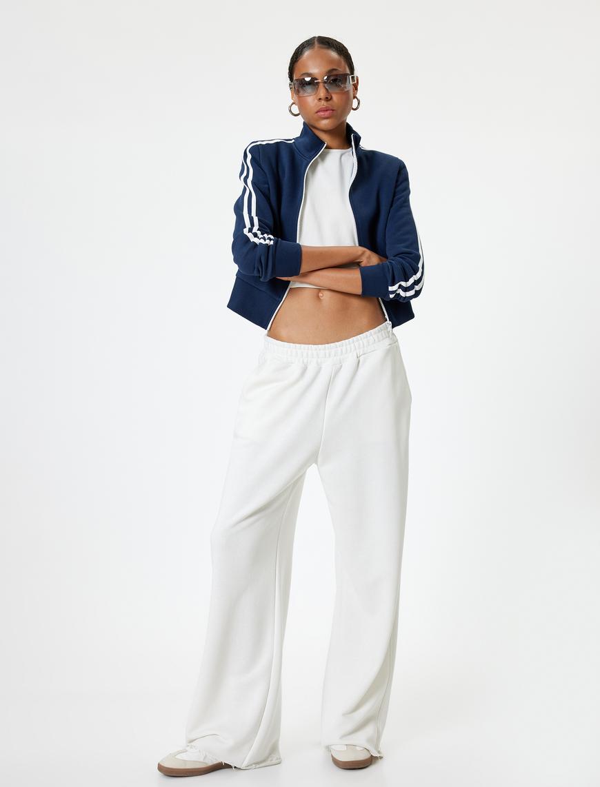   Fermuarlı Crop Sweatshirt Biyeli Dik Yaka Şardonlu