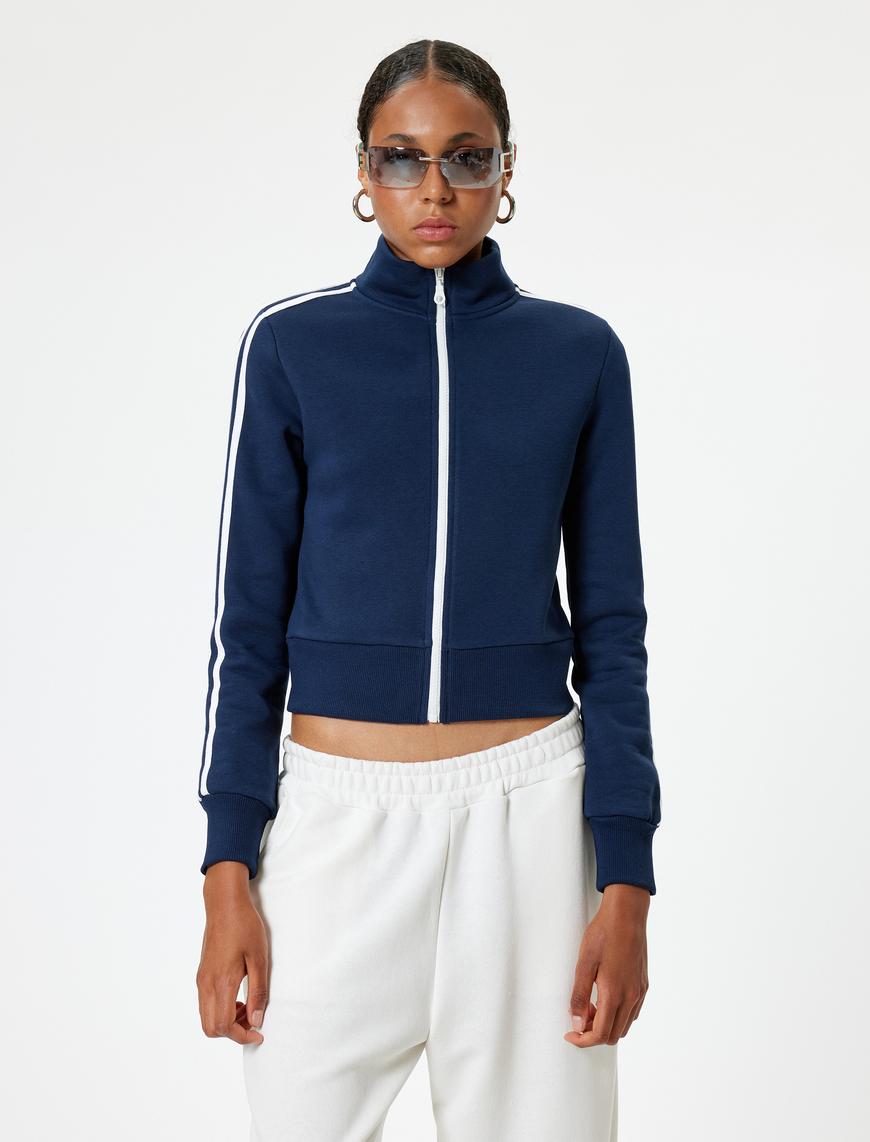   Fermuarlı Crop Sweatshirt Biyeli Dik Yaka Şardonlu