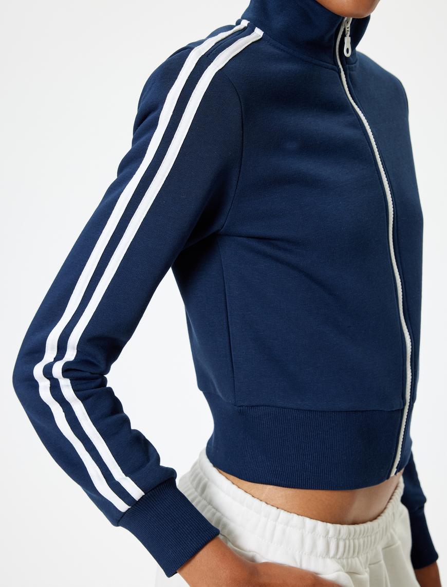   Fermuarlı Crop Sweatshirt Biyeli Dik Yaka Şardonlu