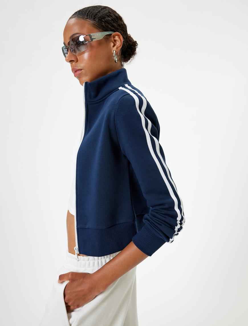   Fermuarlı Crop Sweatshirt Biyeli Dik Yaka Şardonlu