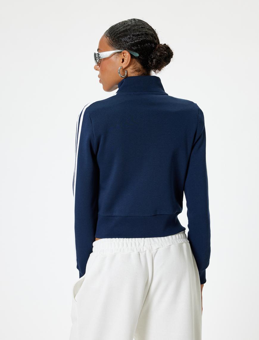   Fermuarlı Crop Sweatshirt Biyeli Dik Yaka Şardonlu