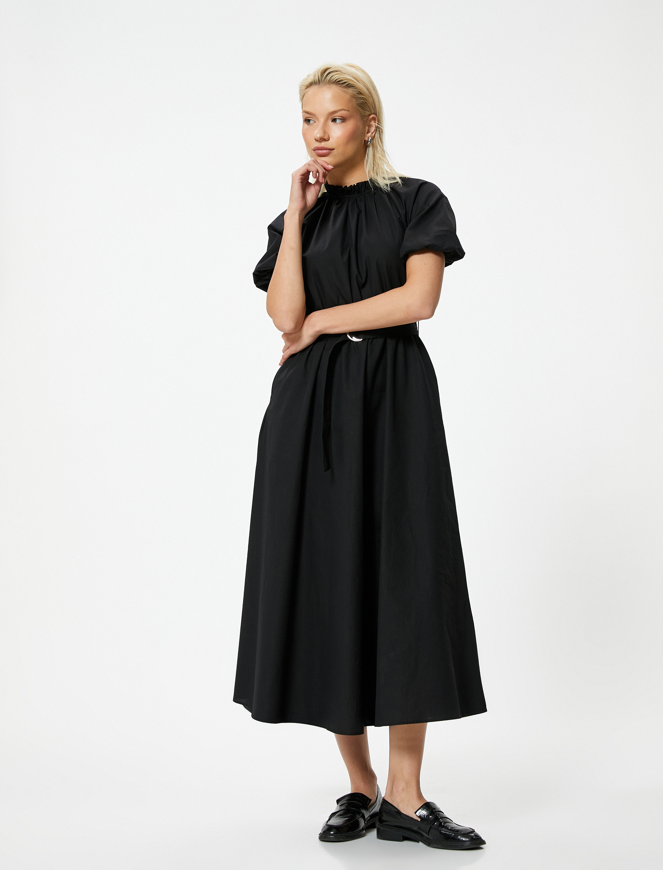 Balon Kol Uzun Kloş Elbise Fırfırlı Drapeli Dik Yaka Kemer Detaylı Cepli