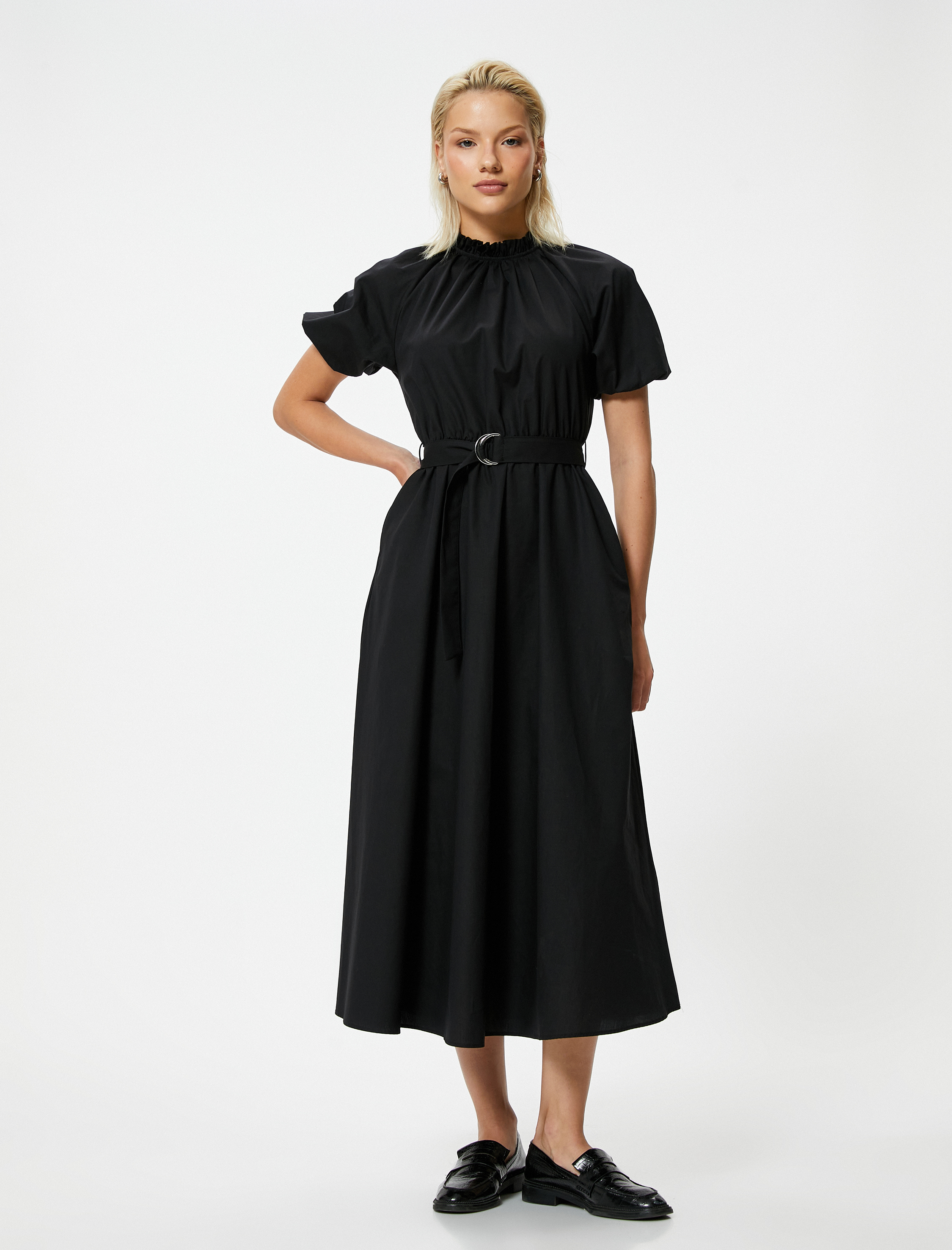 Balon Kol Uzun Kloş Elbise Fırfırlı Drapeli Dik Yaka Kemer Detaylı Cepli