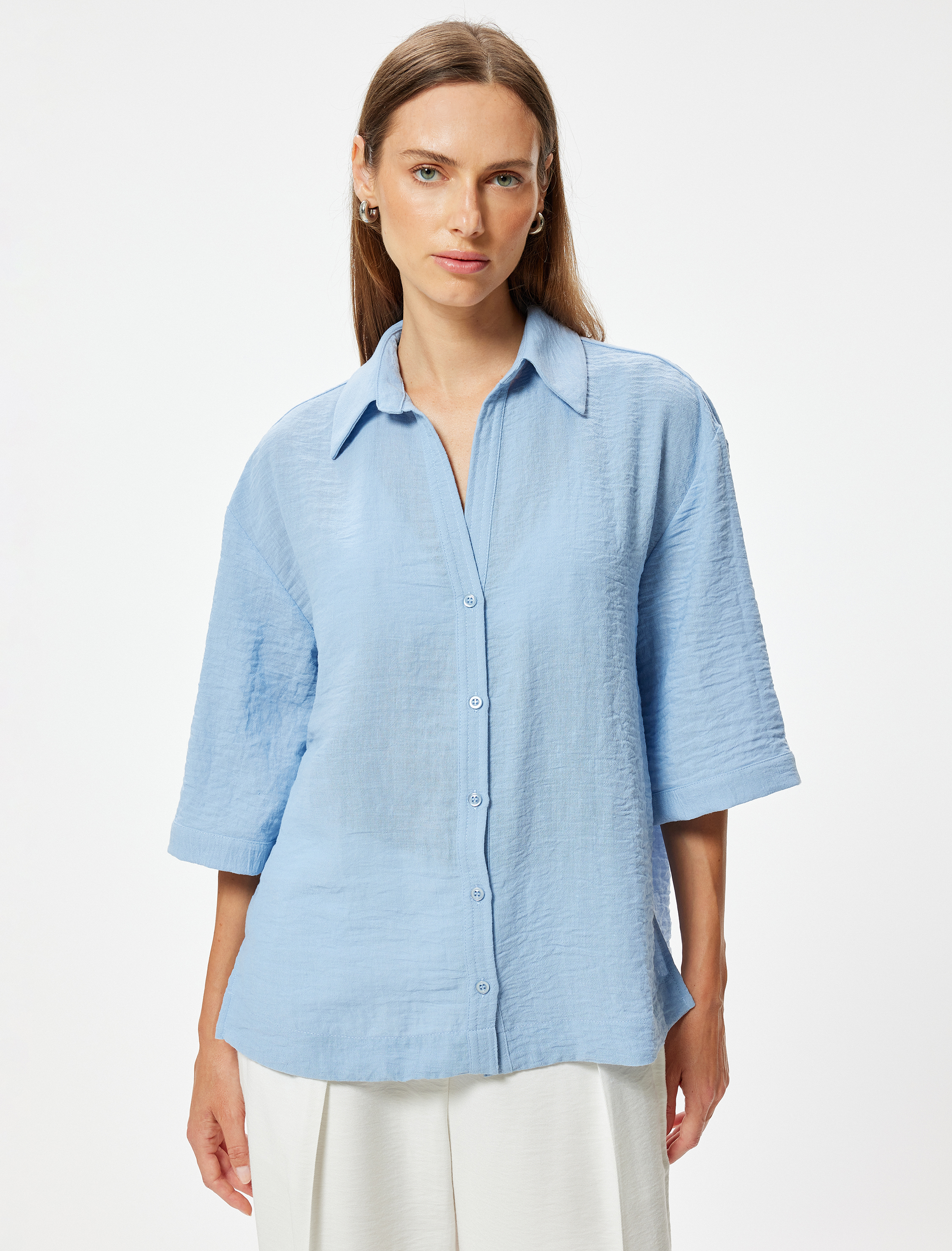   Bol Kalıp Gömlek 3/4 Kısa Kollu Klasik Yaka