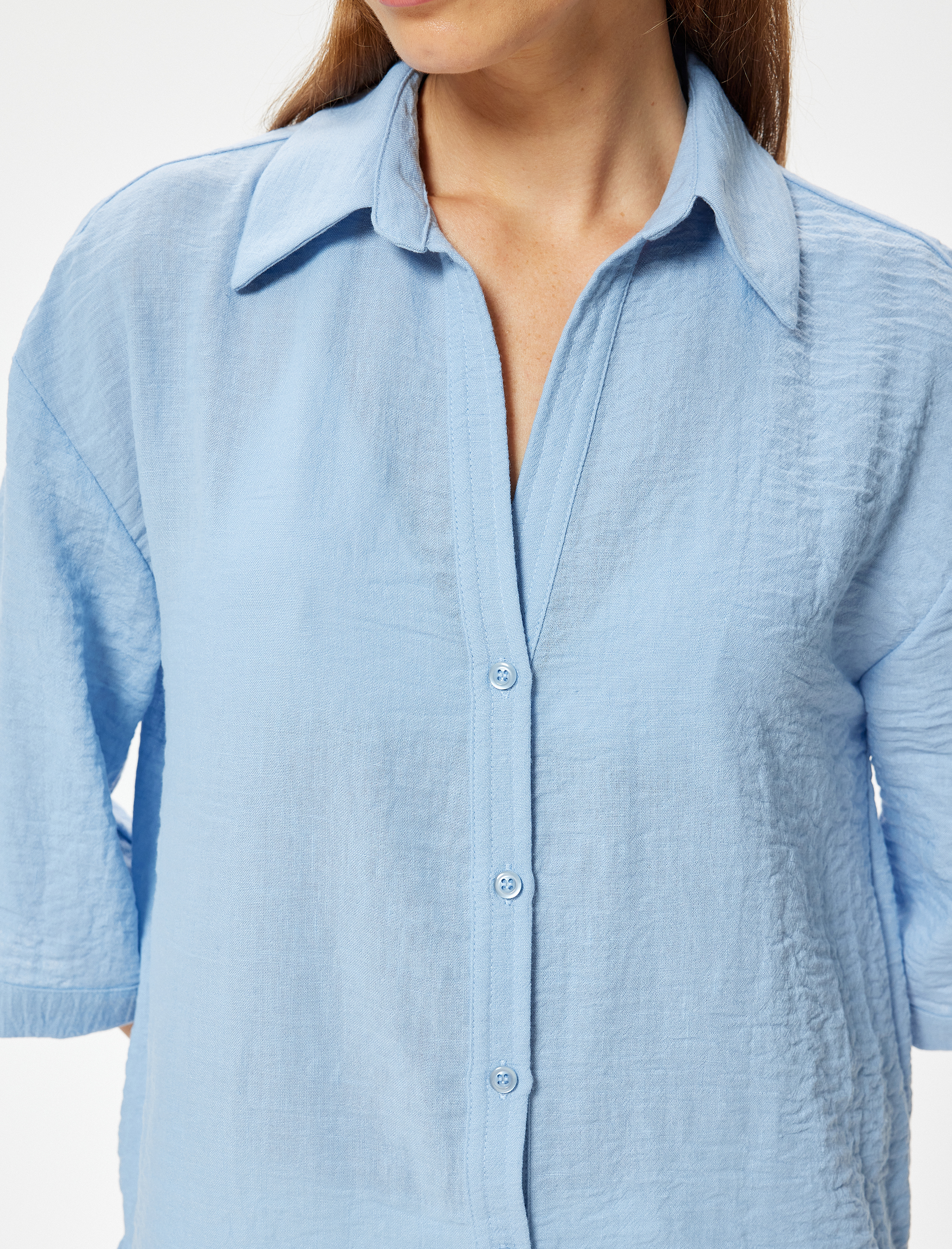   Bol Kalıp Gömlek 3/4 Kısa Kollu Klasik Yaka