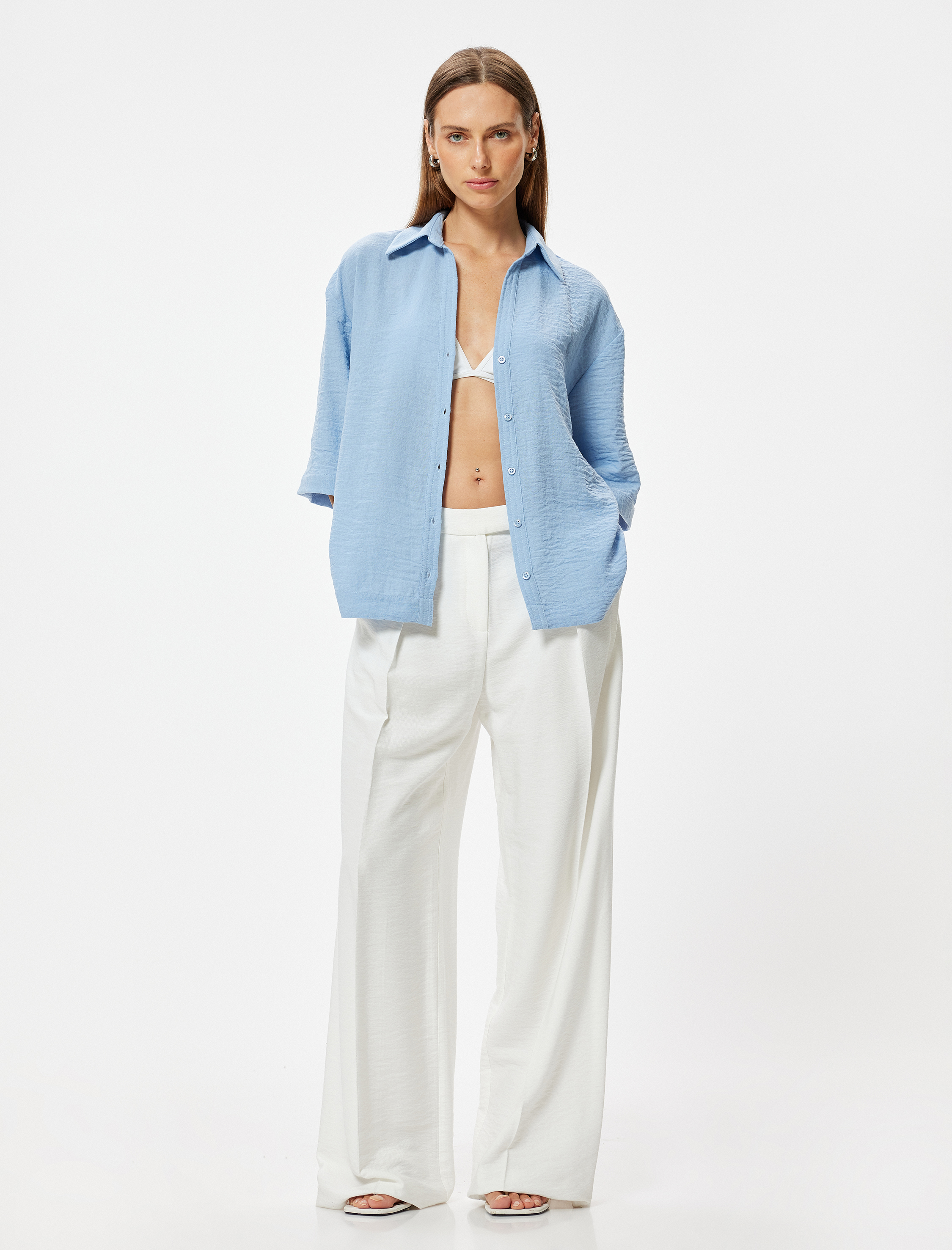   Bol Kalıp Gömlek 3/4 Kısa Kollu Klasik Yaka