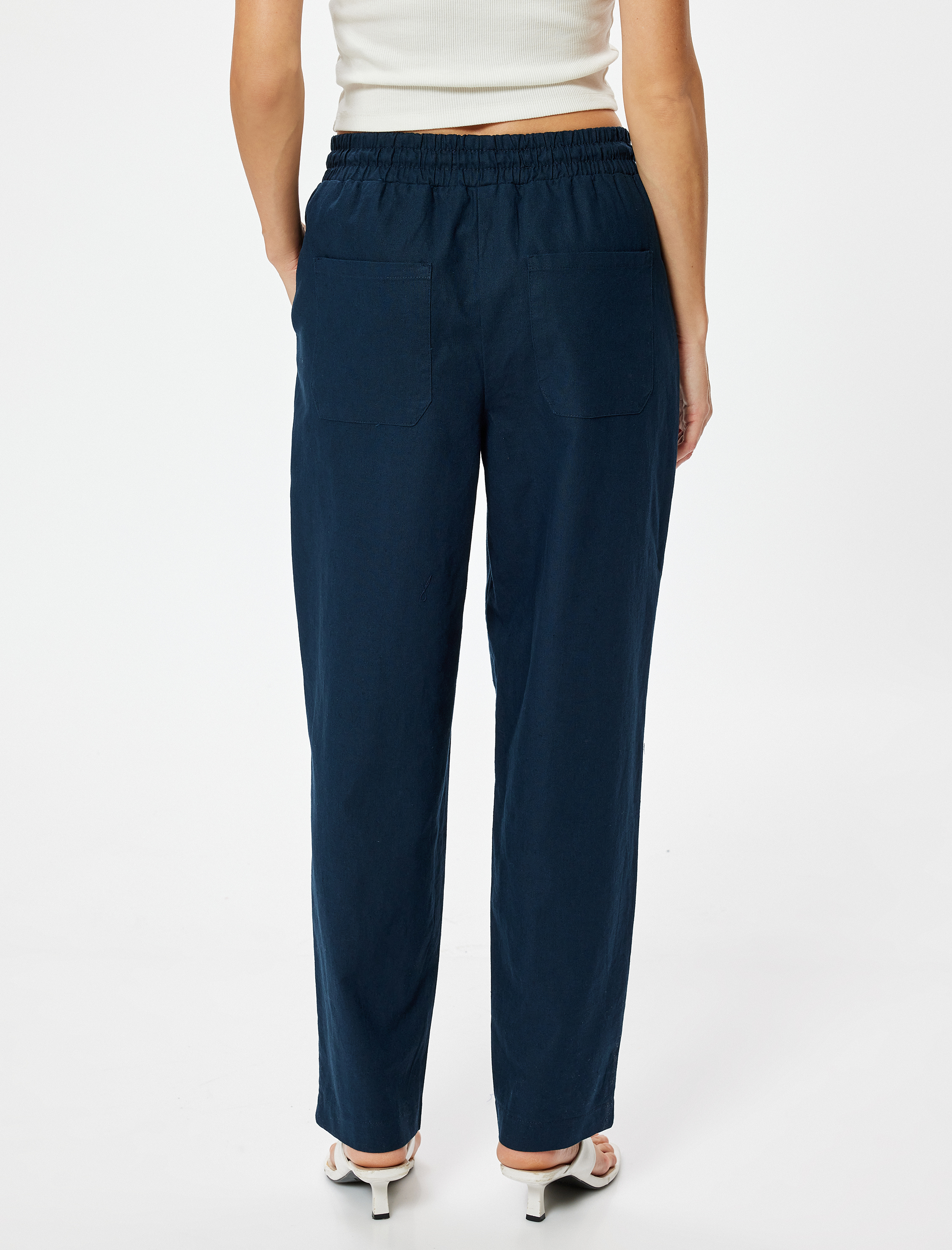   Keten Pantolon Yüksek Bel Cepli Havuç Kesim Bol Kalıp