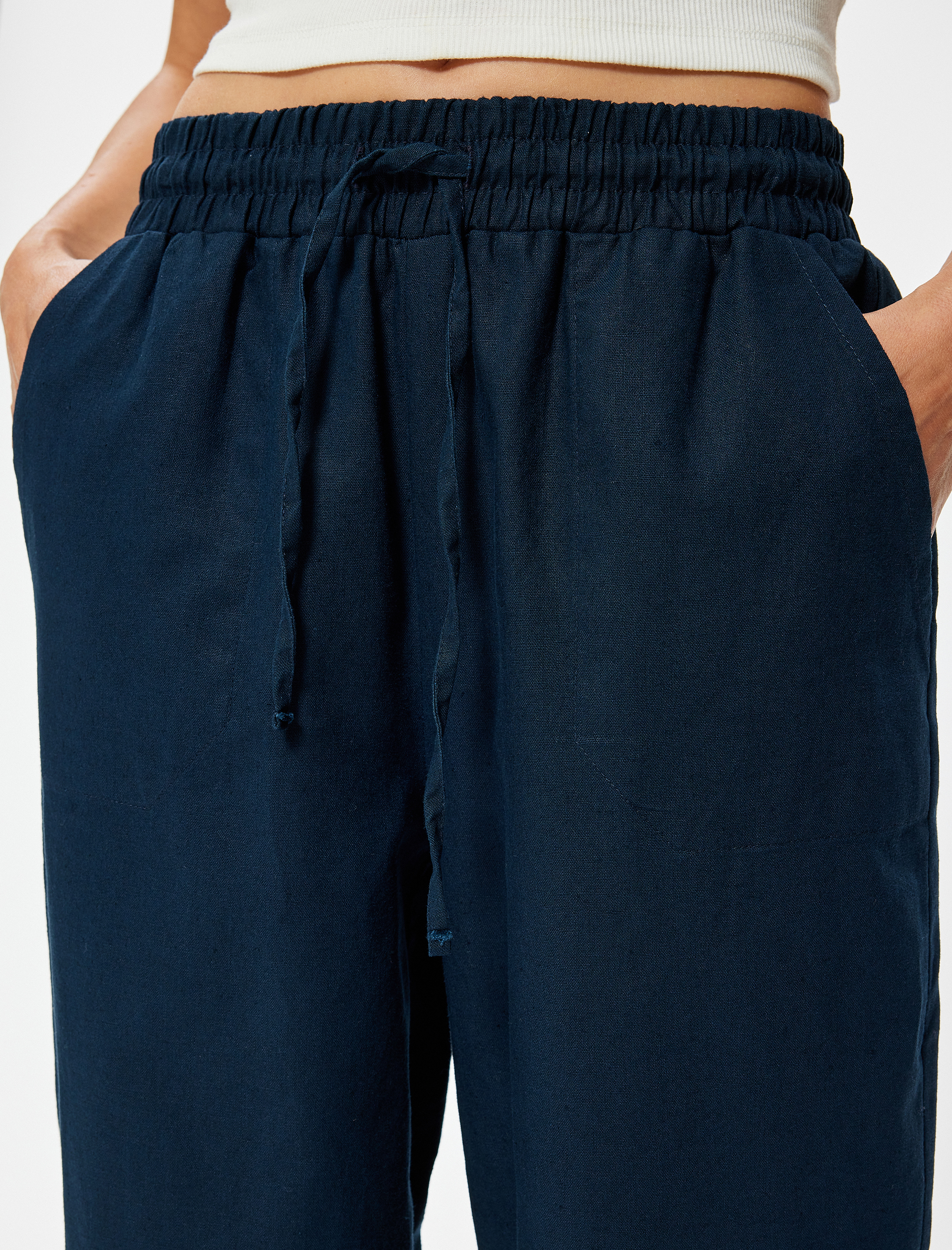   Keten Pantolon Yüksek Bel Cepli Havuç Kesim Bol Kalıp