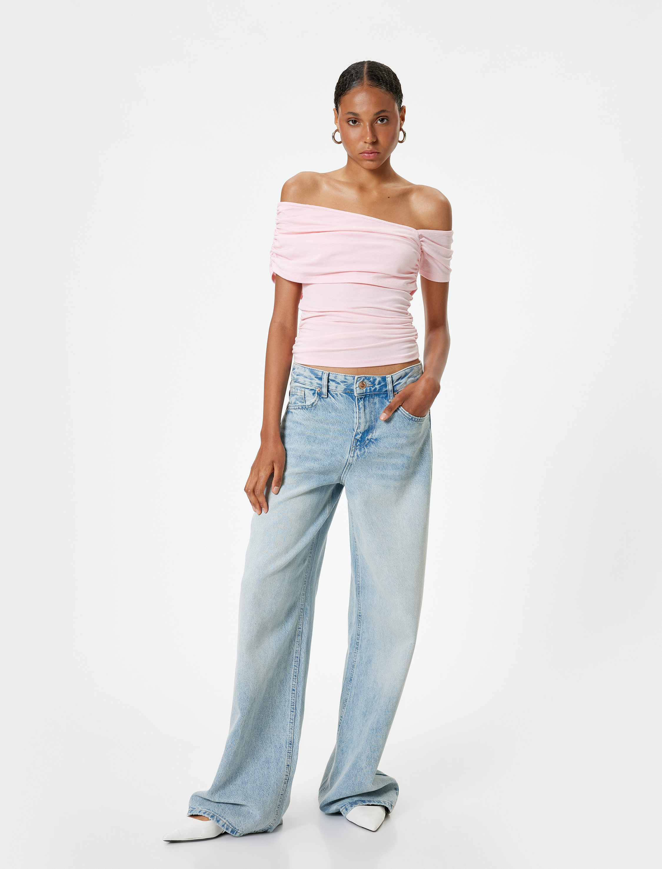 Kayık Yaka Body Drape Detaylı Slim Fit Kısa Kollu