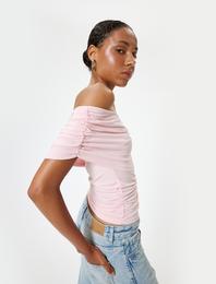 Kayık Yaka Body Drape Detaylı Slim Fit Kısa Kollu