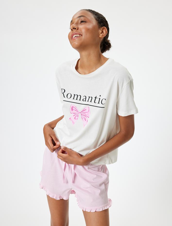  Şortlu Pijama Takımı Fiyonk Baskılı Fırfır Detaylı