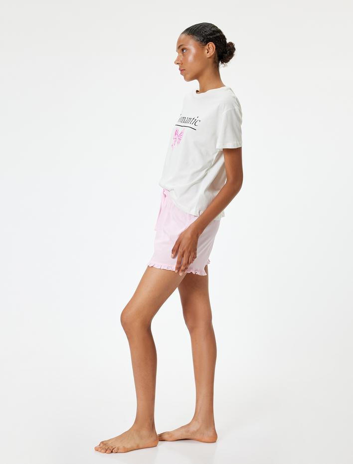  Şortlu Pijama Takımı Fiyonk Baskılı Fırfır Detaylı