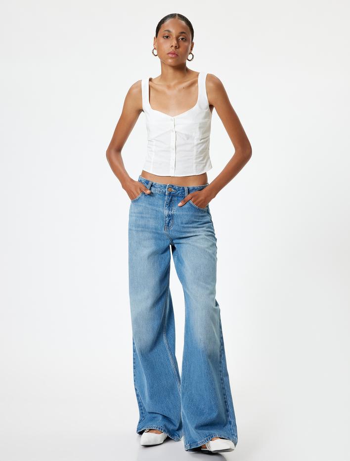  Crop Atlet Poplin Kalın Askılı Düğmeli V Yaka Slim Fit