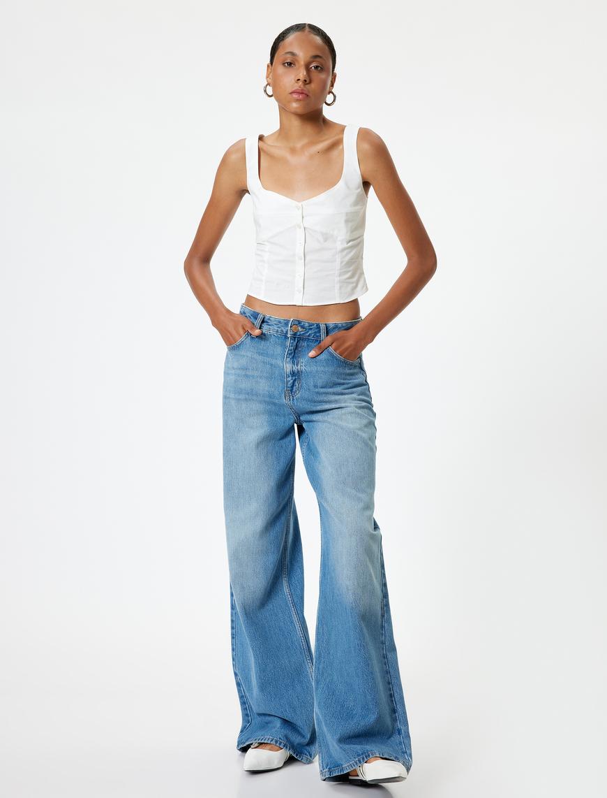   Crop Atlet Poplin Kalın Askılı Düğmeli V Yaka Slim Fit