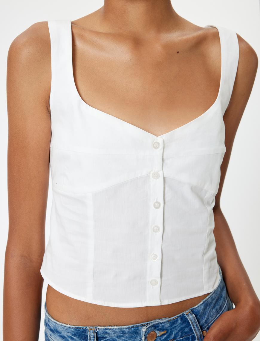   Crop Atlet Poplin Kalın Askılı Düğmeli V Yaka Slim Fit