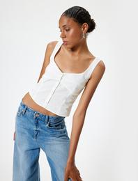 Crop Atlet Poplin Kalın Askılı Düğmeli V Yaka Slim Fit
