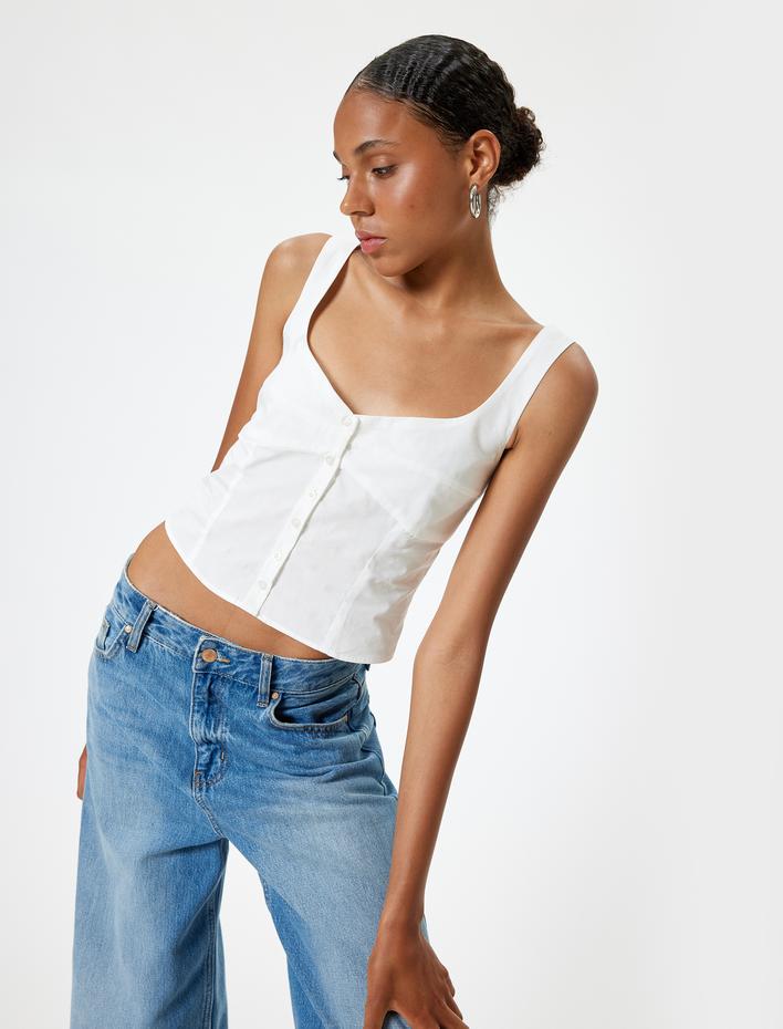  Crop Atlet Poplin Kalın Askılı Düğmeli V Yaka Slim Fit