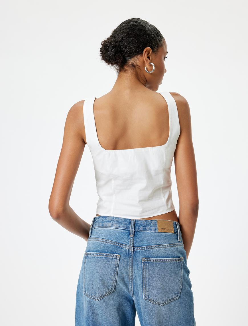   Crop Atlet Poplin Kalın Askılı Düğmeli V Yaka Slim Fit