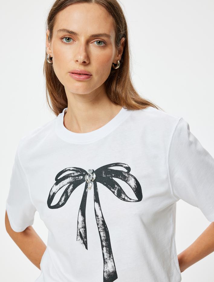  Fiyonk Baskılı Tişört Kısa Kollu Bisiklet Yaka Pamuklu