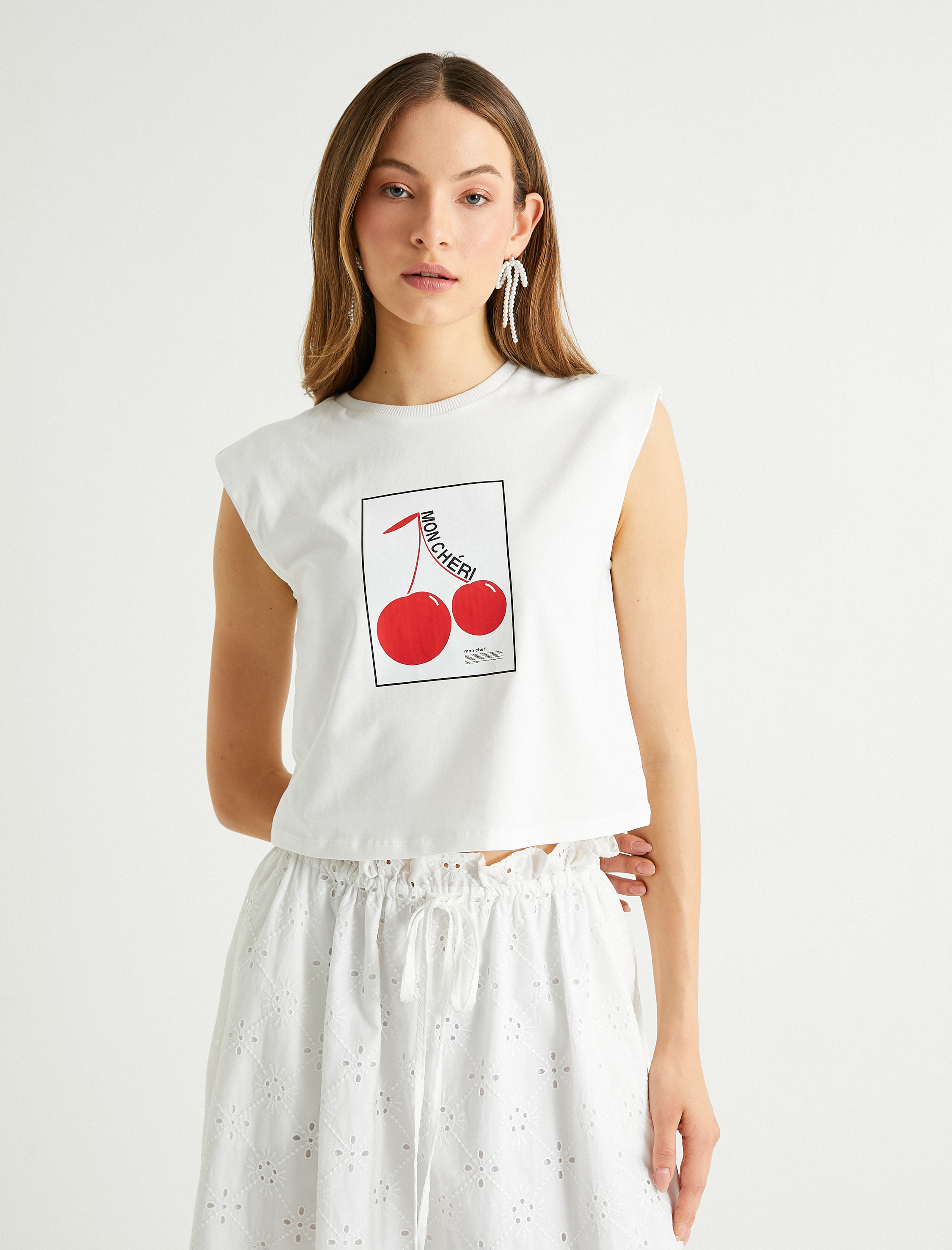   Kiraz Baskılı Kolsuz Tişört Bisiklet Yaka Pamuklu