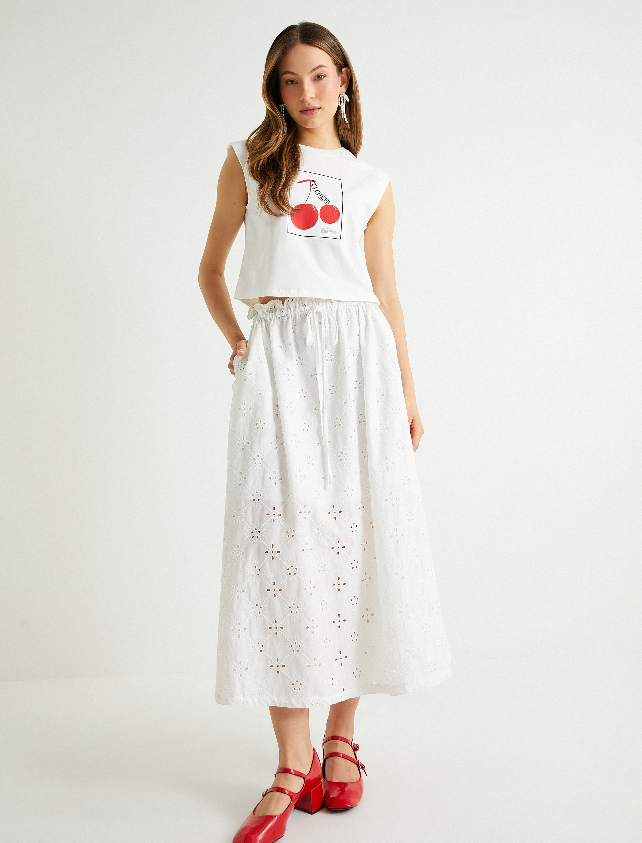   Kiraz Baskılı Kolsuz Tişört Bisiklet Yaka Pamuklu