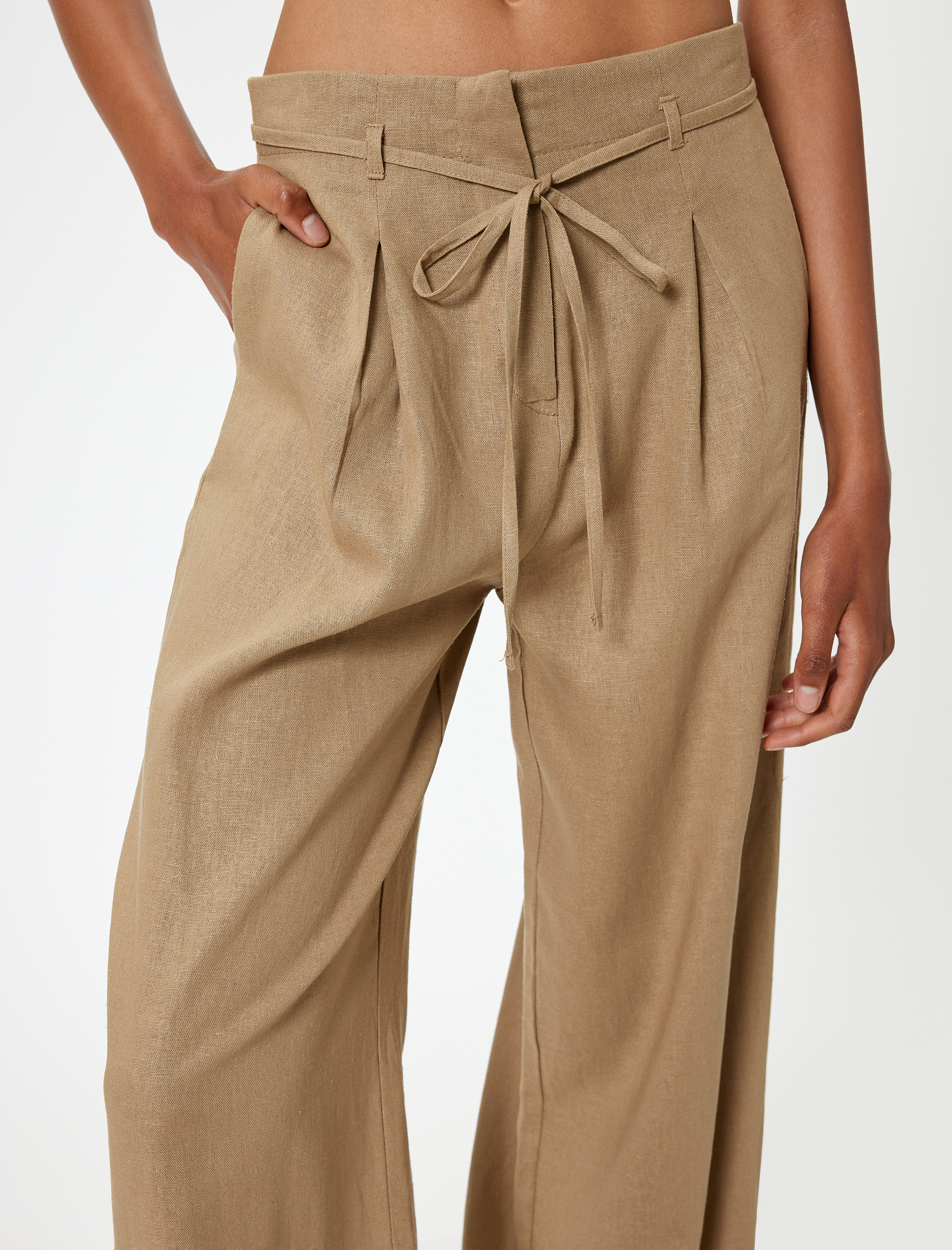   Bol Paça Pantolon Keten Karışımlı Standart Bel Bağcık Detaylı Cepli