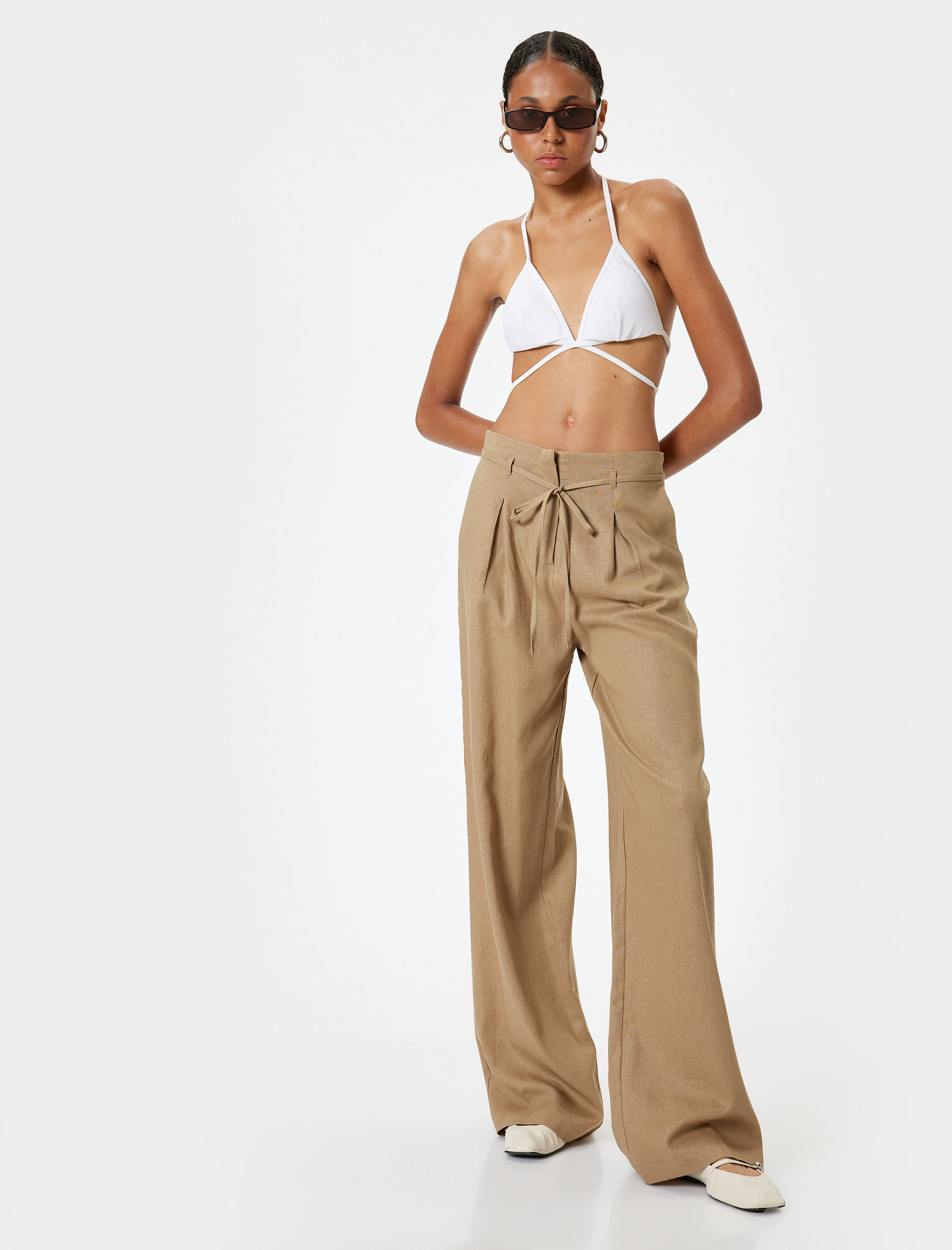   Bol Paça Pantolon Keten Karışımlı Standart Bel Bağcık Detaylı Cepli