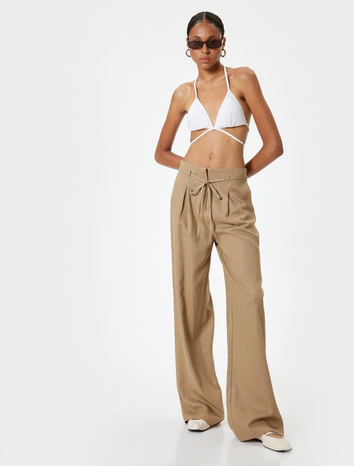 Bol Paça Pantolon Keten Karışımlı Standart Bel Bağcık Detaylı Cepli