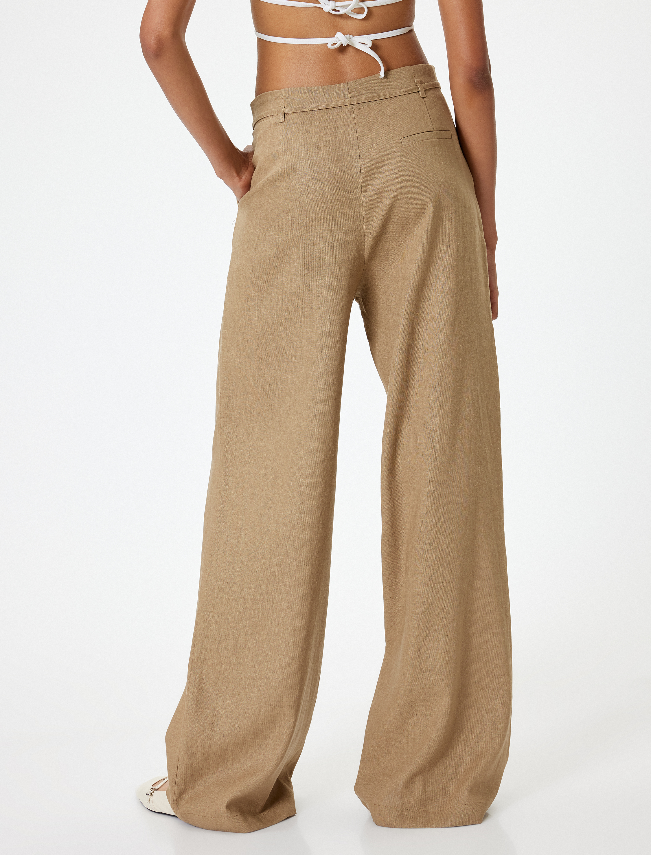   Bol Paça Pantolon Keten Karışımlı Standart Bel Bağcık Detaylı Cepli