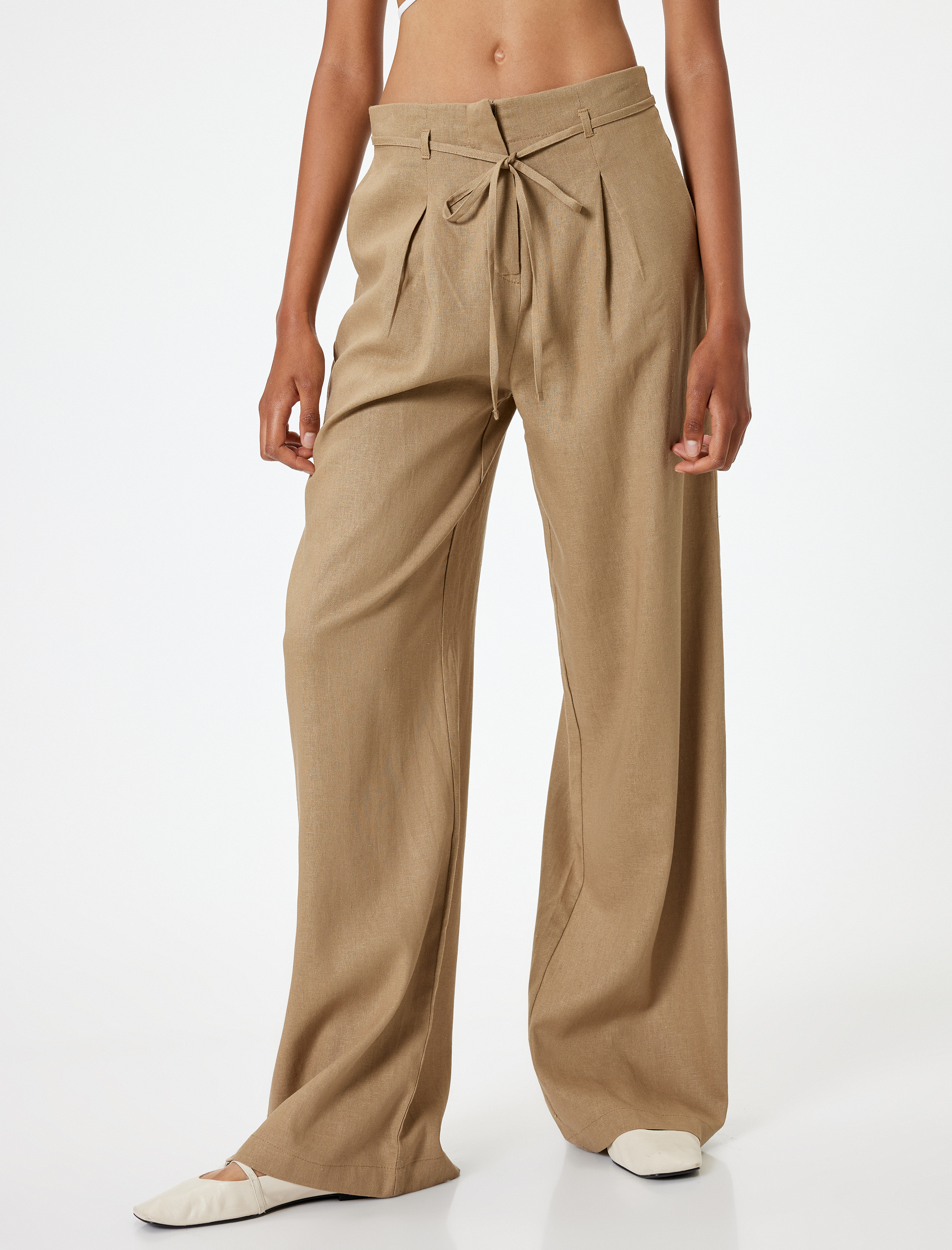   Bol Paça Pantolon Keten Karışımlı Standart Bel Bağcık Detaylı Cepli