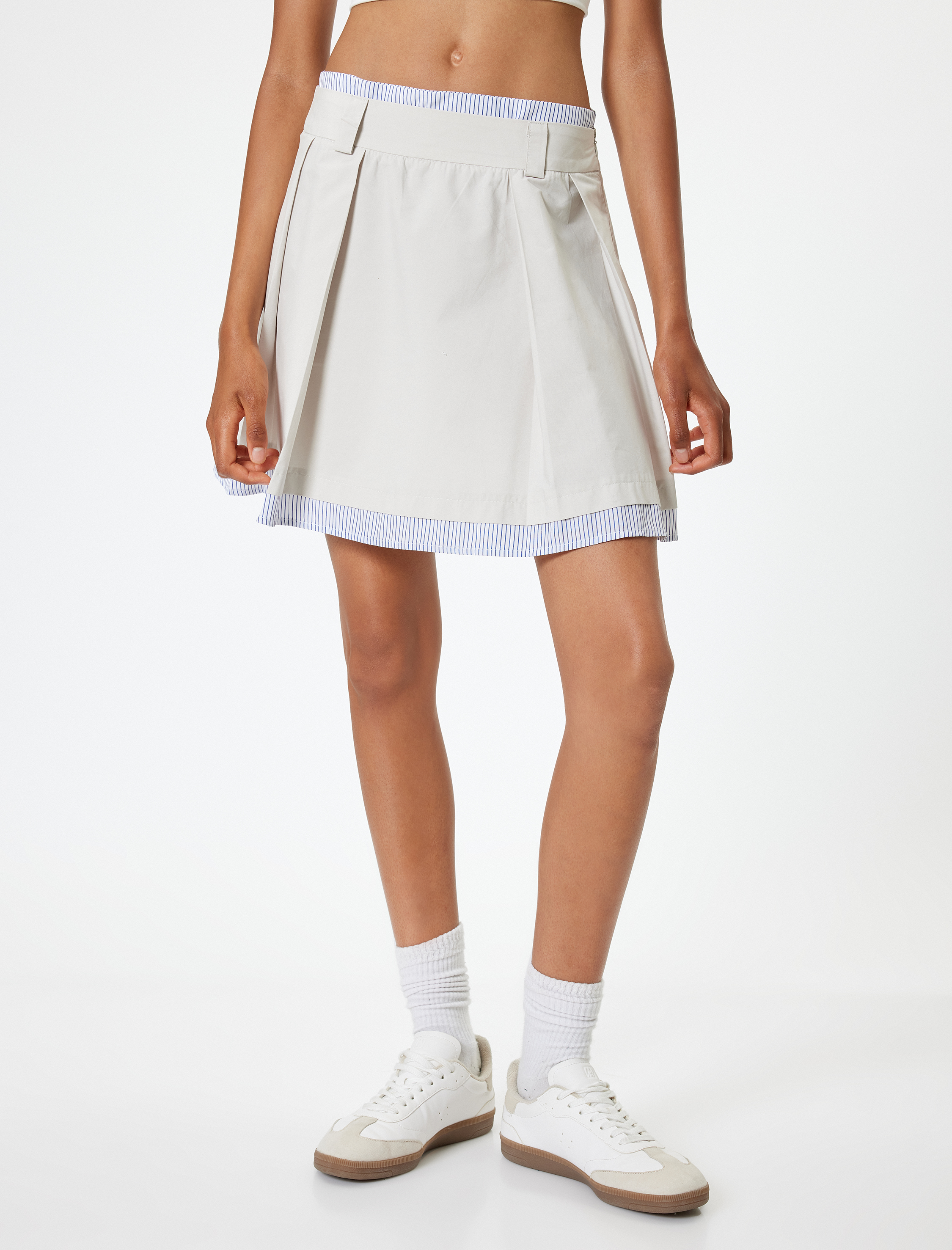   Mini Etek Pileli Poplin Kumaş Detaylı A Kesim Standart Bel